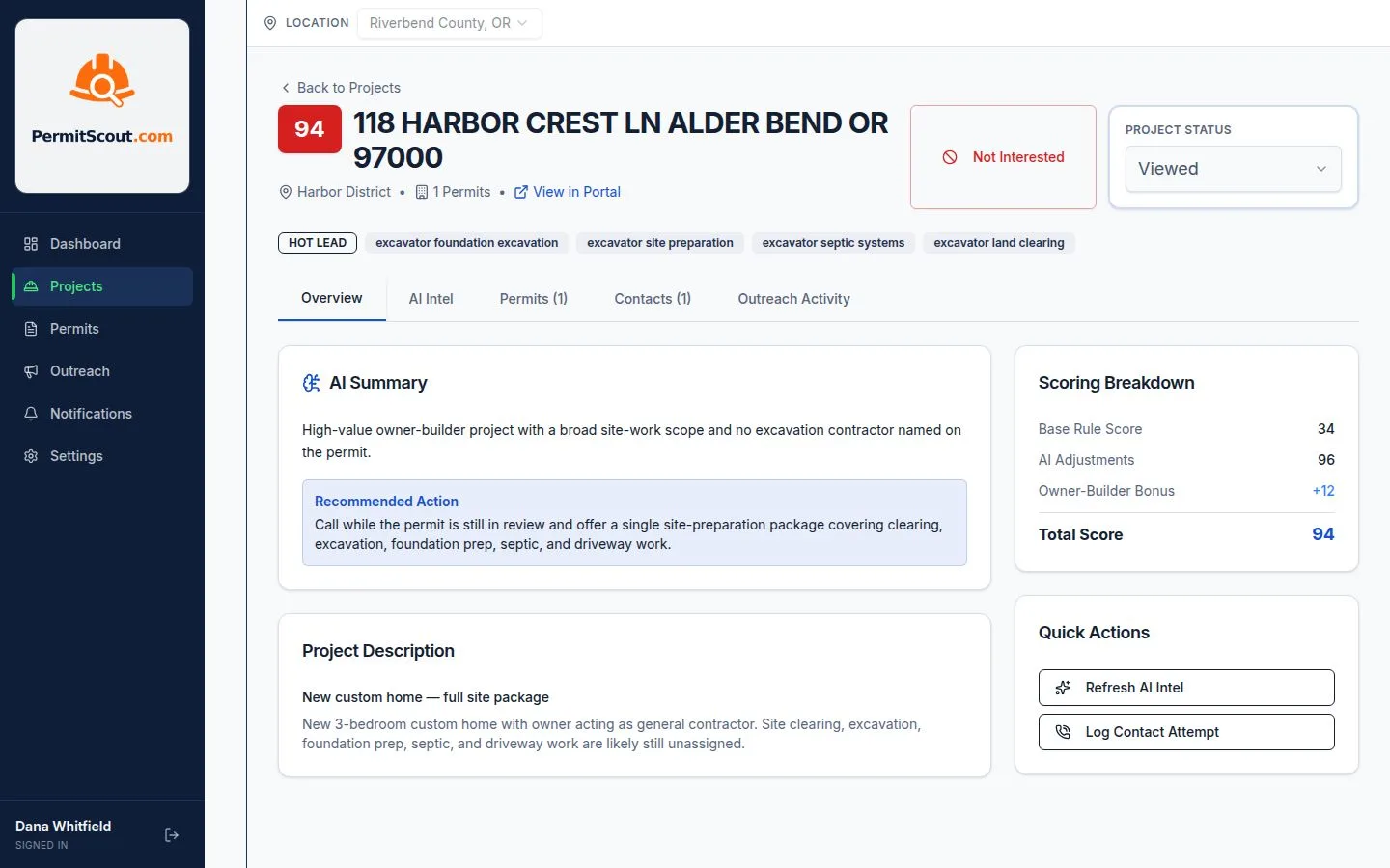 A PermitScout project detail with the AI summary, score breakdown, and recommended outreach